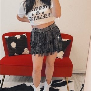 Rhinestone Fringe country western black skirt skort NWT stagecoach